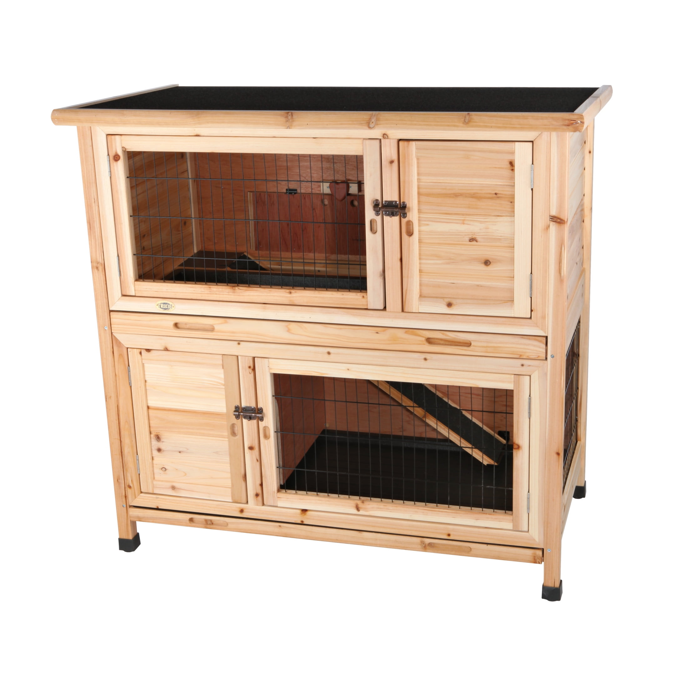 Natural Wooden 2-Story Guinea Pig and Rabbit Hutch with Ramp