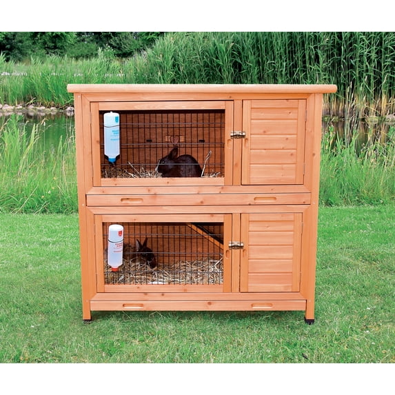 TRIXIE natura Double Weatherproof Outdoor 2-Story Wooden Small Animal Hutch with Pull-Out Trays & Ramp, Brown