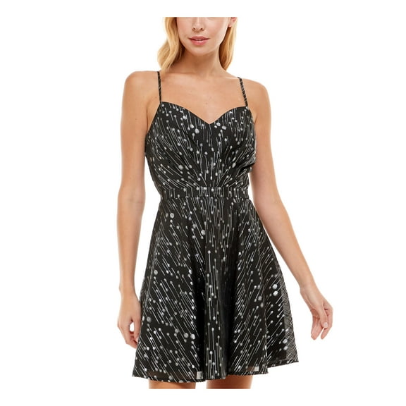 TRIXXI Womens Black Pleated Zippered Swinging Hemline Lined Spaghetti Strap Sweetheart Neckline Short Party Fit   Flare Dress 13