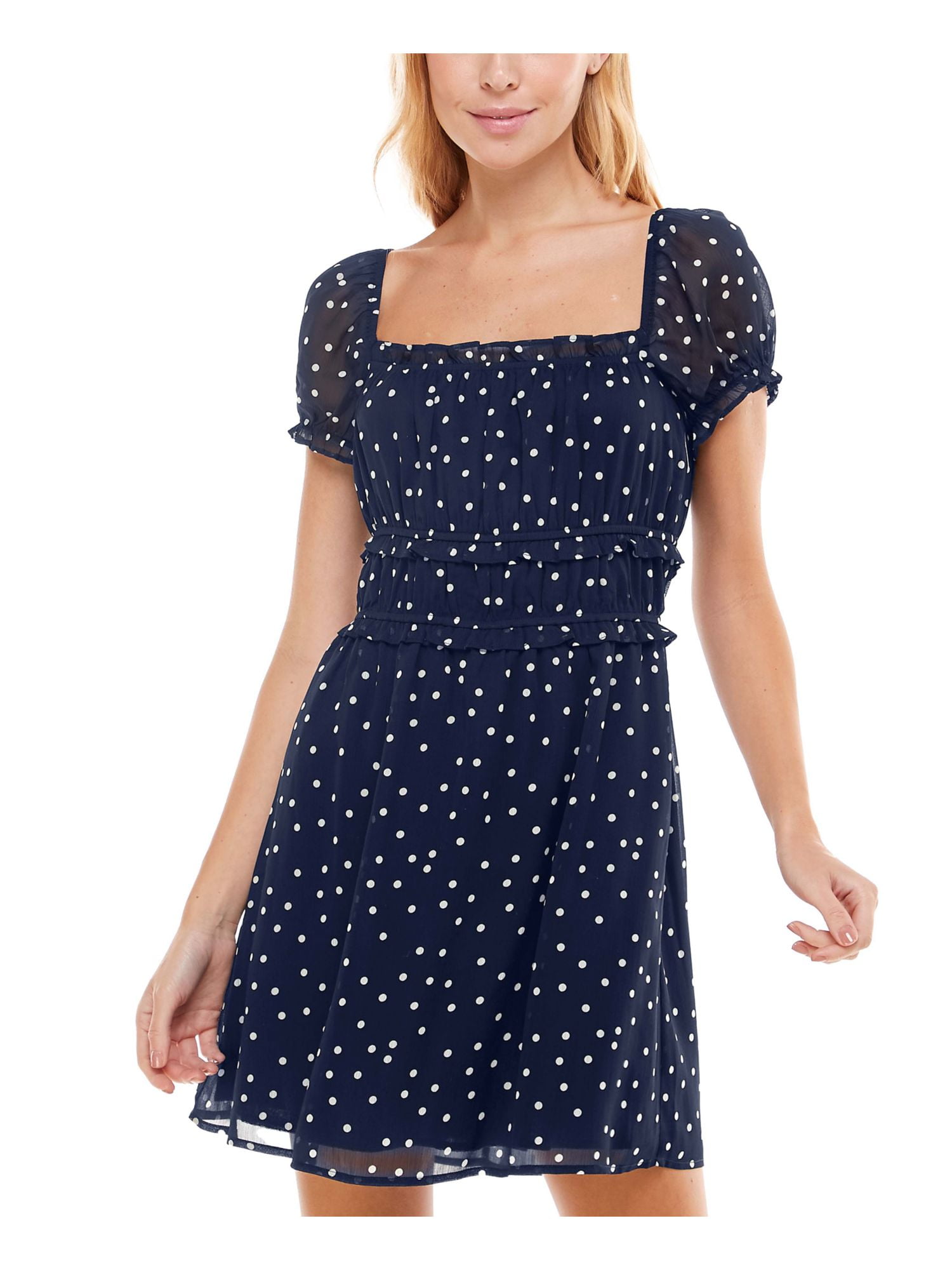 MOON RIVER Womens Black Cut Out Gathered Back Elastic Strap Pouf Sleeve Round Neck Mini Party Fit + Flare Dress