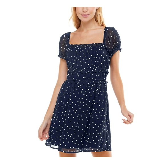 TRIXXI Womens Navy Sheer Ruffled Lined Polka Dot Pouf Sleeve Square Neck Short Fit   Flare Dress XS