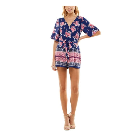 TRIXXI Womens Navy Zippered Belted Tie U-back Printed Flutter Sleeve Surplice Neckline Wide Leg Romper Juniors XXS