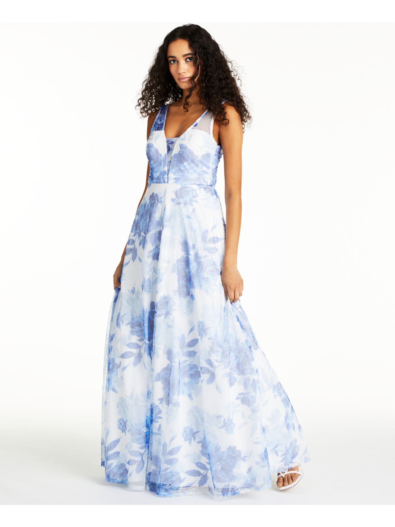TRIXXI Womens Light Blue Sequined Floral Sleeveless V Neck Full-Length Prom  Fit + Flare Dress Juniors 11 - Walmart.com