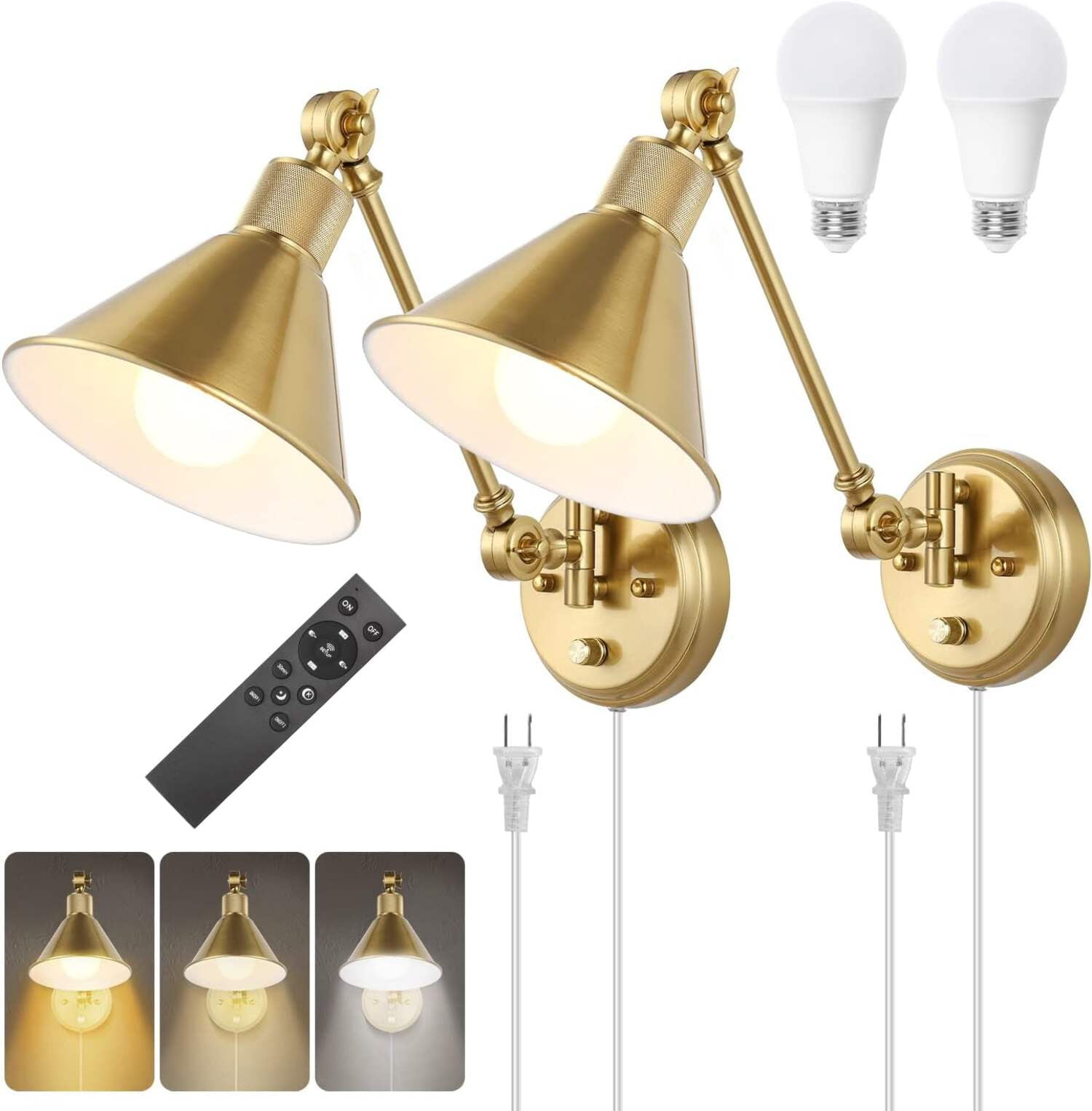 Gold Adjustable Swing Arm Wall Sconce Set with Dimmable LED