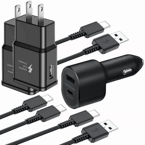 TRM TECH Super Fast Charger, 2x USB-A Wall 1x Dual Car Charger Compatible with Samsung Galaxy S25/S24/S23/S22/Plus/Ultra/FE/Note 20/10/A71,2020/2018 Pad Pro/Air, with 2xUSB-A-to-C & C-to-C Cable