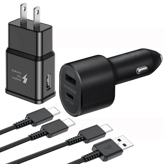 TRM TECH Super Fast Charger Type C Kit, USB-A Wall USB-C Car Charger Compatible with Samsung Galaxy S25/S24/S23/S22/Plus/Ultra/FE/Note 20/10/A71,2020/2018 Pad Pro/Air, with USB-A-to-C & C-to-C Cable