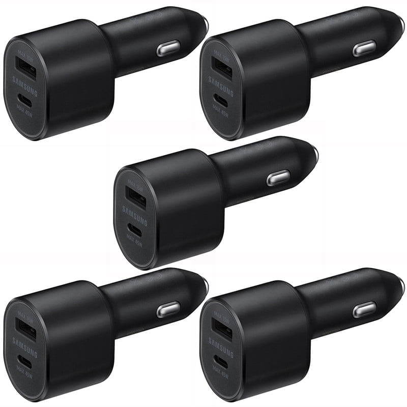 Super Fast Dual Car Charger (45W+15W) Dual Ports USB-C & USB-A - Black Compatible with iPhone 17/Air/16/15 Pro Max, Android, PD/QC, Samsung Galaxy S25 S24 S23 S22 S21 Ultra (5-Pack)