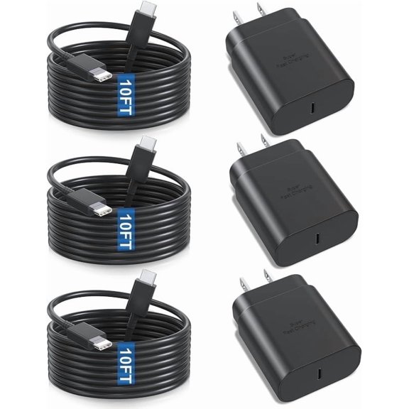 TRMTECH 25W Super Fast Charger And USB C Cable Compatible with Galaxy Tab S6 S7 S8 - Samsung wall charger with 25 Watt Super fast charge capability + USB-C to USB-C Cable, 10FT Black