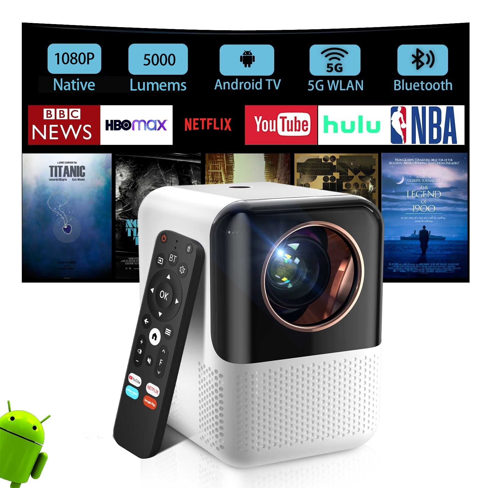 TROISC IOTA, Portable Projector Android TV WiFi 5G 1080P FULL HD 5000 Lumens 120" Home Theater Digital Zoom 4P/4D Keystone Correction Bluetooth