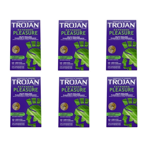 TROJAN Extended Pleasure Climax Control Lubricated Premium Latex Condoms 12 Each (Pack of 6)