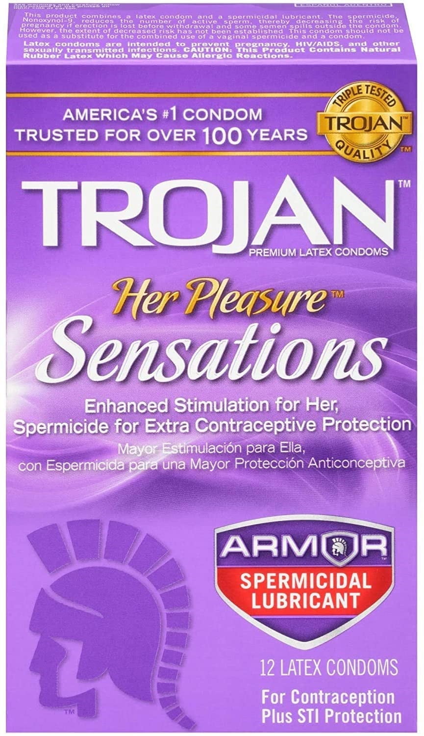 TROJAN Her Pleasure Sensations Armor Spermicidal Lubricant Latex Condoms 12 Each (Pack of 2)