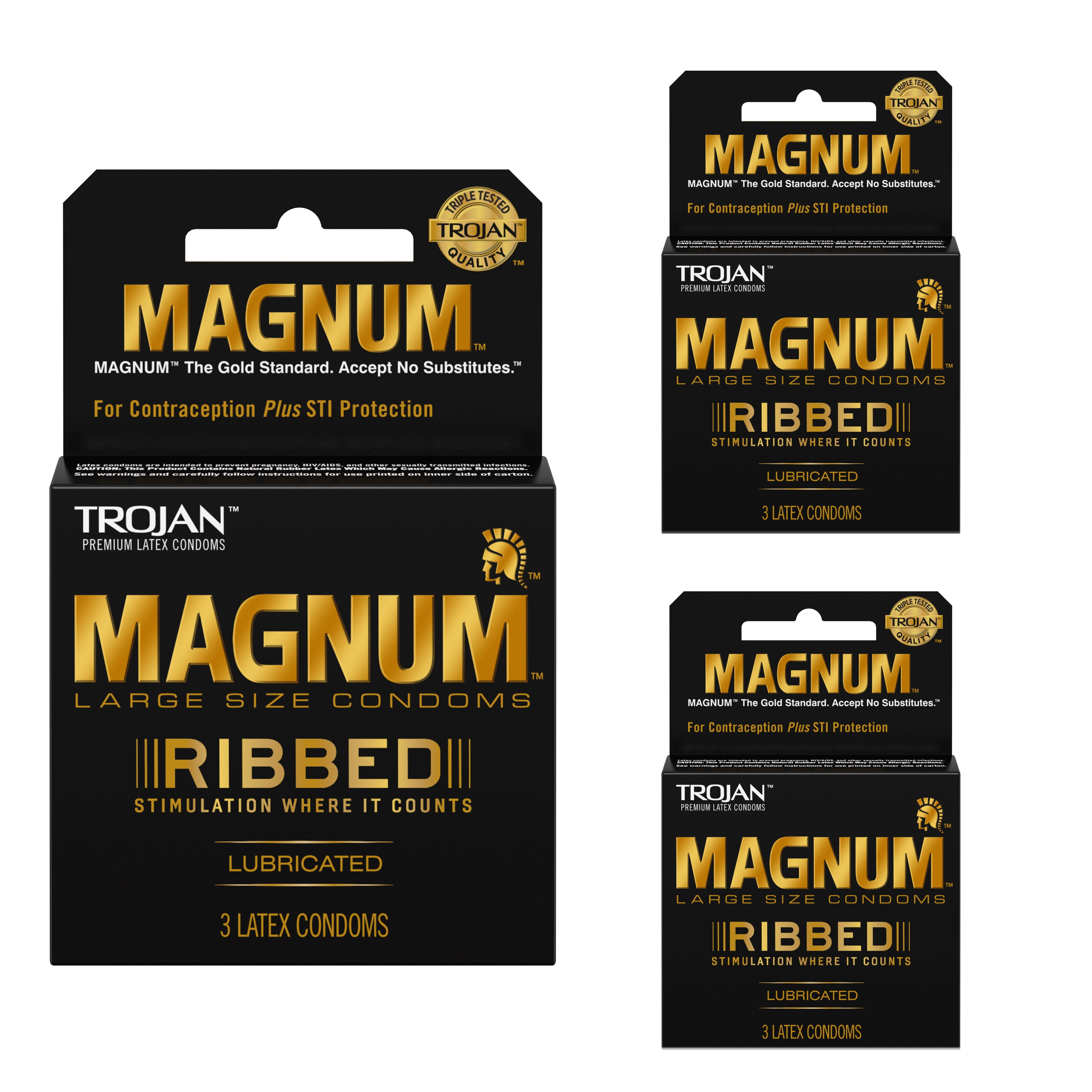 TROJAN Magnum Ribbed Lubricated Latex Condoms 3 ea (Pack of