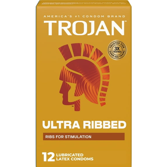 Trojan Ultra Ribbed Premium Latex Lubricated Thin Condoms for Men, 12 Count