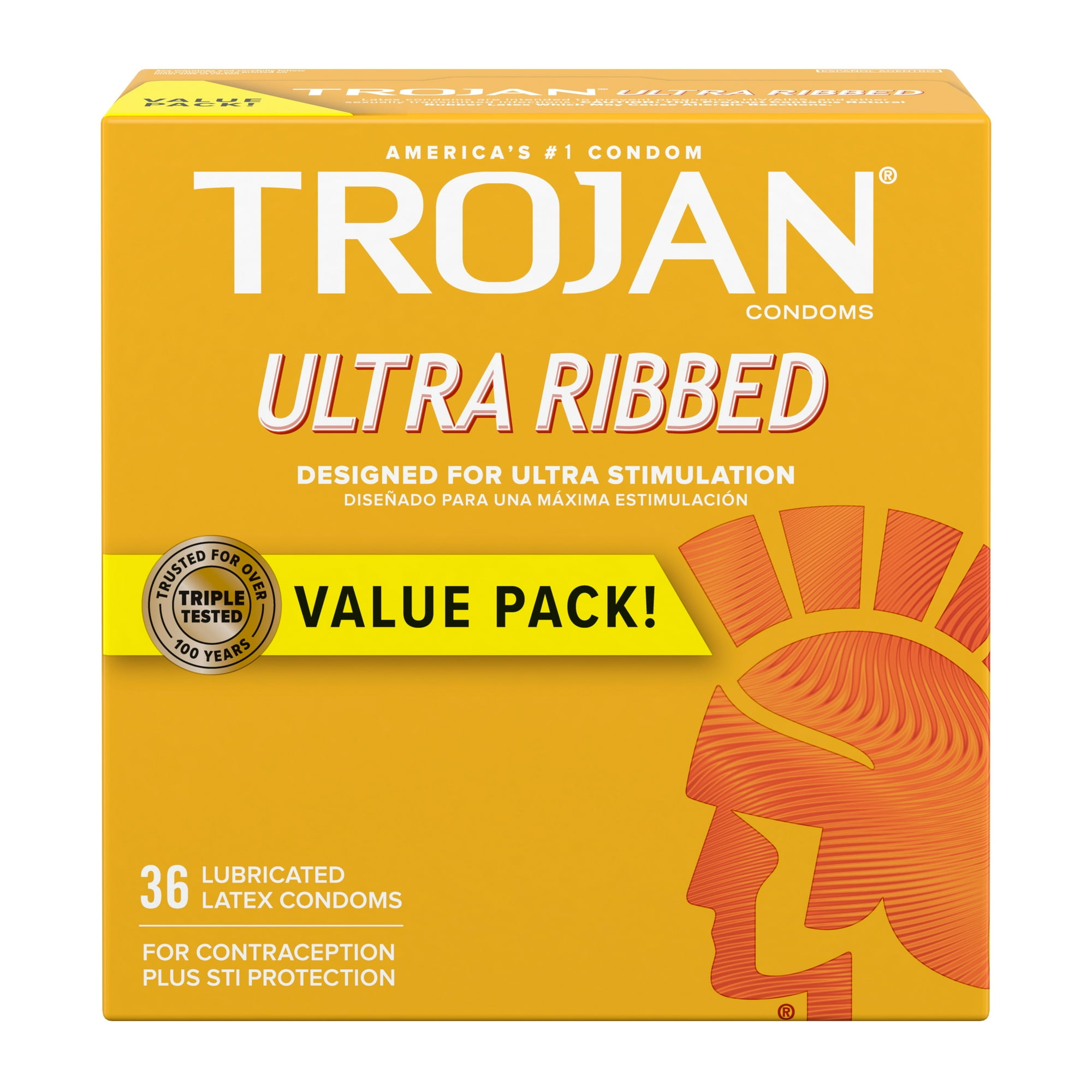 TROJAN Ultra Ribbed Lubricated Condoms for Ultra Stimulation, 36 Count, 1 Pack