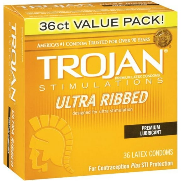 TROJAN Ultra Ribbed Stimulations Premium Lubricant Latex Condoms 36 ea (Pack of 2)