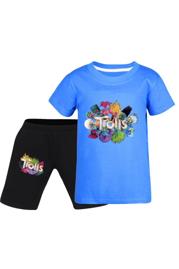 TROLLS' WORLD TOUR Boys' Short Sleeve Set, TV Movie Game Cartoon Pure Cotton Round Neck Short Sleeve T-shirt+Shorts Set, Suitable for Children Aged 5-13