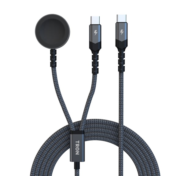 TRON 2 in 1 USB-C to USB-C and Magnetic Watch Charger Cable, 60W PD Fast Charging Nylon Braided Cord, for iPhone 16 15 and smart watch, Type-C tablets, Zinc Alloy, Grey Travel Charging Wire