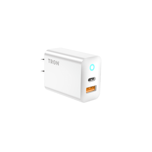 TRON 30W GaN Fast Wall Charger, Dual Port USB-C and USB-A Power Adapter with PD QC and PPS, Compact Travel Charging Block for iPhone 16 15, Android Phones, Tablet, and Wireless Earbuds, White