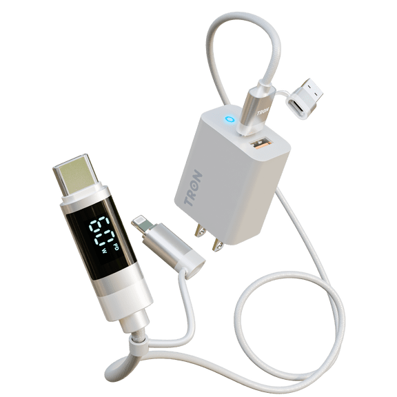 TRON 30W Wall Charger with 4 in 1 Cable, Dual Port USB-C and A PD Adapter and 60W LCD Display Cord, Charges iPhone 16 15 14 and Android Micro USB Devices, Compact Travel Charging Kit 5FT