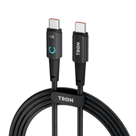 TRON 3FT USB-C to USB-C Cable, 60W PD Fast Charging Nylon Braided Cord with LED Light, 480Mbps Data Sync, Compatible with iPhone 16 15, Android Phone, Tablet, Laptop, Aluminum Alloy, Black