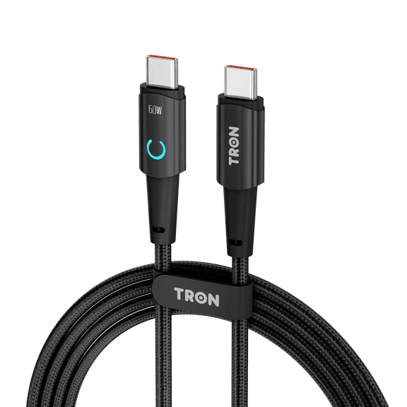 TRON 3FT USB-C to USB-C Cable, 60W PD Fast Charging Nylon Braided Cord with LED Light, 480Mbps Data Sync, Compatible with iPhone 16 15, Android Phone, Tablet, Laptop, Aluminum Alloy, Black