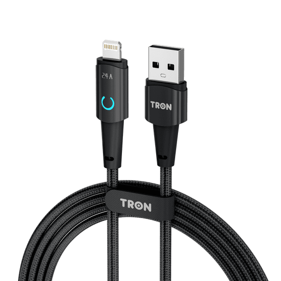 TRON 6FT USB-A to L Charger Cable, 2.4A Fast Charging Nylon Braided Cord with LED Light, 480Mbps Data Sync, Compatible with iPhone 14 13 12 11 XR XS X SE 8 7, Aluminum Alloy Connectors, Black