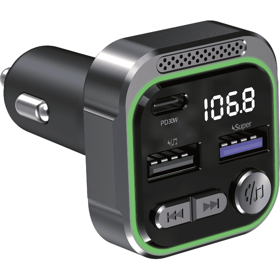 TRON 5.3 FM Transmitter Car Adapter 48W (PD30W +18W USB) Fast Charger, with Mic, Light Switch, HiFi Bass Sound, Audio Receiver Wireless Radio MP3, Hands-Free Calling, Support USB Drive,