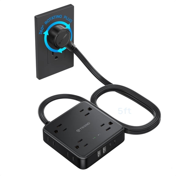 TROND 360 Rotating Flat Plug Power Strip, 5FT Flat Extension Cord with Multiple Outlets 4 USB (2 USB C), Wall Mount Surge Protector 1440 Joules for Home Office Travel Dorm Room Essentials, Black
