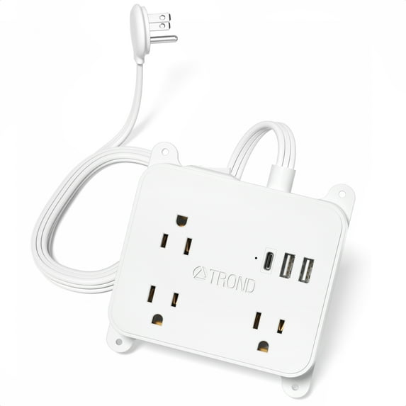TROND Flat Plug Power Strip with USB C, 5FT Ultra Thin Long Extension Cord, 2 USB & 1 Type C, 3 AC Outlets Desktop Charging Station, Wall Mount Compact for Home, Work Bench White