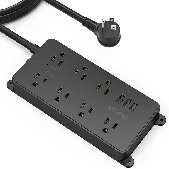 TROND Power Strip with 10ft Long Extension Cord, ETL Listed, 1700J Surge Protector, 7 Widely-Spaced Outlets with 3 USB Ports, Flat Plug, Wall Mount, Under Desk/Cabinet/Counter, Black