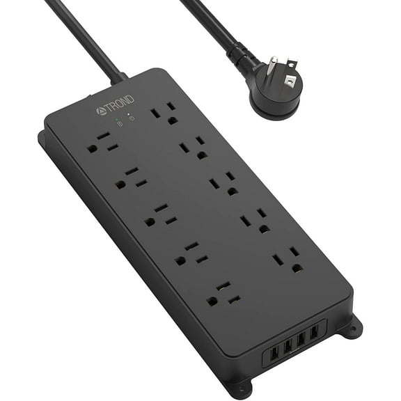 TROND Power Strip Surge Protector, 4000J, ETL Listed, 15A, 10 Widely Spaced Outlets with 4 USB Ports, Flat Plug 5ft Extension Cord, Wall Mountable, 14AWG Heavy Duty, for Home Office Garage, Black