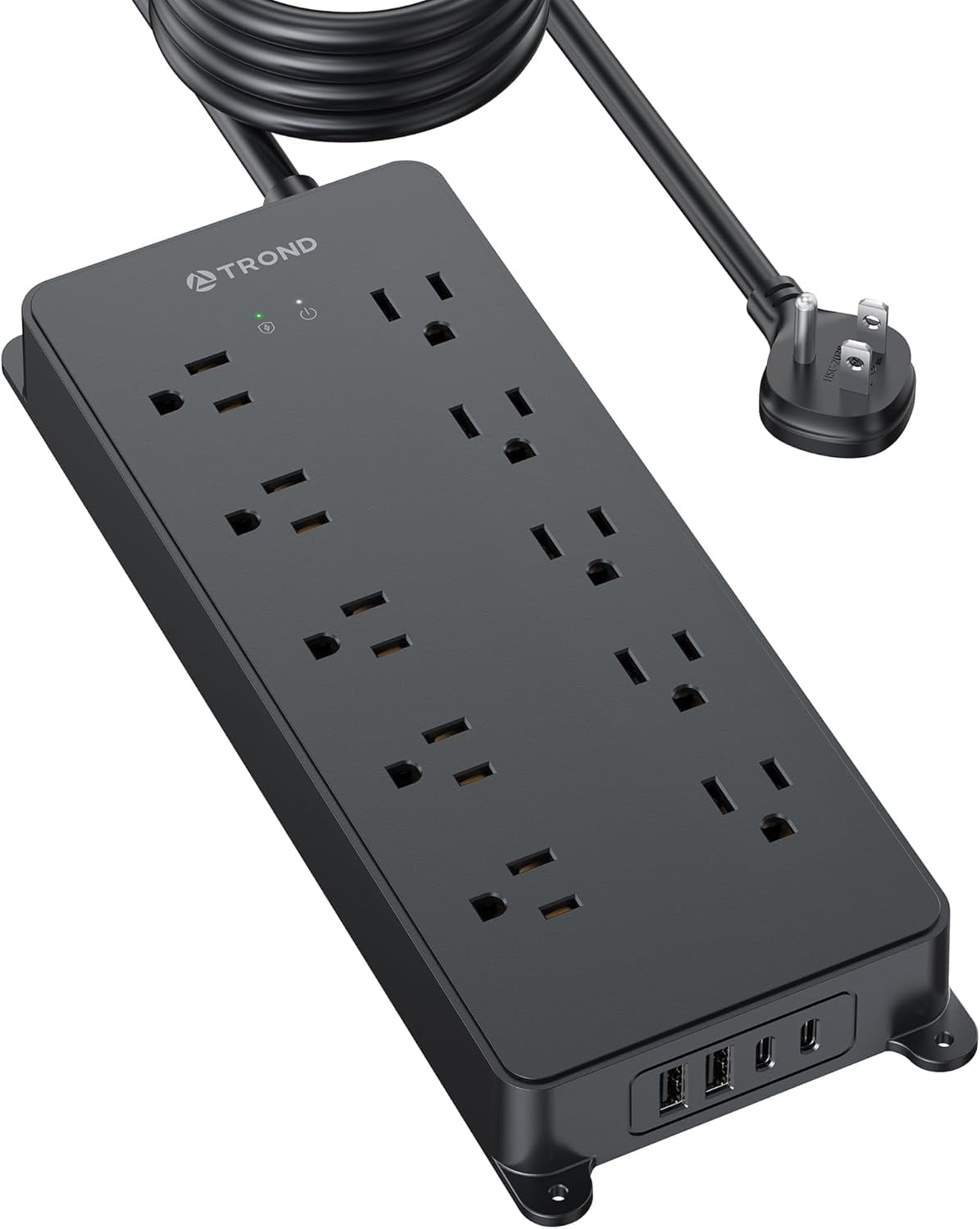 TROND Power Strip Surge Protector, ETL Listed, Flat Plug 15ft Long Extension Cord, 10 Widely Spaced AC Outlets, 2 USB A & 2 USB C Ports, 4000J, Wall Mount/Screw On, Under Desk/Cabinet/Counter, Black