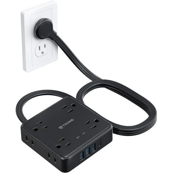 TROND Power Strip Surge Protector - Flat Plug Extension Cord, 8 Widely-Spaced Outlets, 4 USB Charger(1 USB C Port), 5FT Ultra Thin Cord, 1440J, Flat Wall Plug, Desk Charging Station for Travel, Black
