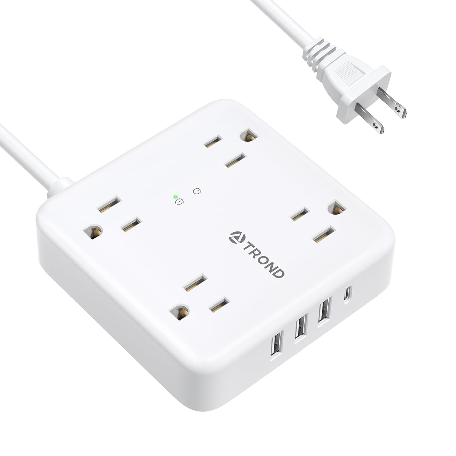 White Compact Power Strip with USB and Surge Protection
