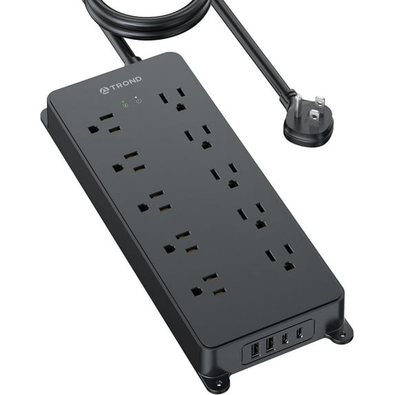 TROND Surge Protector Power Strip 10ft, 4000J, ETL Listed, 10 Widely Spaced Outlets, 2 USB A & 2 USB C Ports, Flat Plug Long Extension Cord, Wall Mountable, for Home Office Entertainment, Black