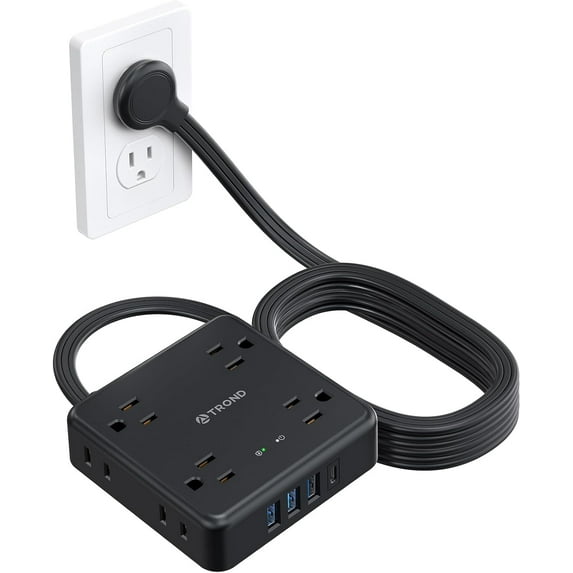 TROND Surge Protector Power Strip 10ft - Flat Plug Extension Cord, 8 Widely-Spaced Outlets, 4 USB Charger(1 USB C Port), Ultra Thin Flat, 1440J, Flat Wall Plug, Desk Charging for Travel, Black