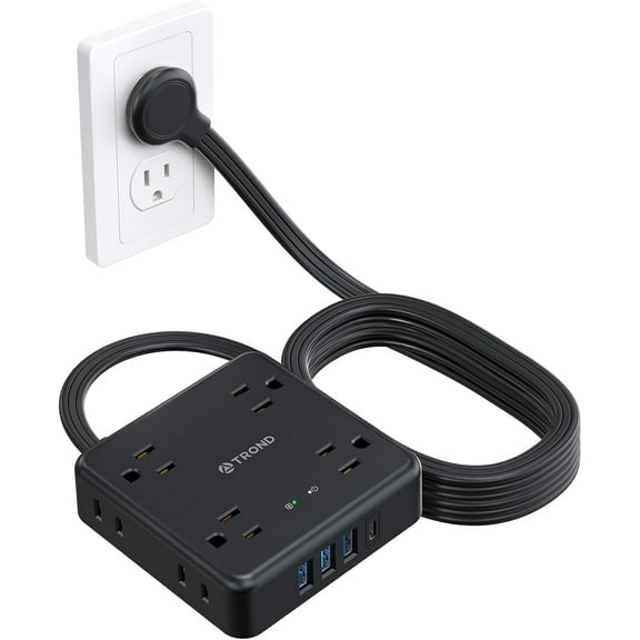 TROND Surge Protector Power Strip 10ft - Flat Plug Extension Cord, 8 Widely-Spaced Outlets, 4 USB Charger(1 USB C Port), Ultra Thin Flat, 1440J, Flat Wall Plug, Desk Charging for Travel, Black