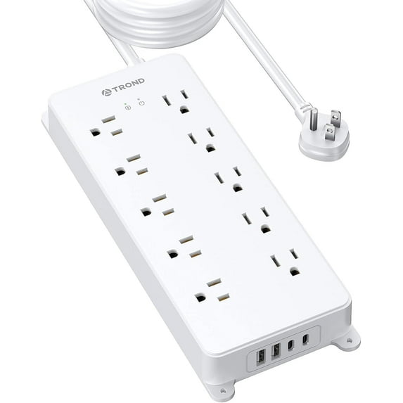 TROND Surge Protector Power Strip, ETL Listed, Flat Plug 15ft Long Extension Cord, 10 Wide Spaced Outlets, 2 USB A & 2 USB C Ports, 4000J, Wall Mount/Screw On, for Home Office Entertainment, White
