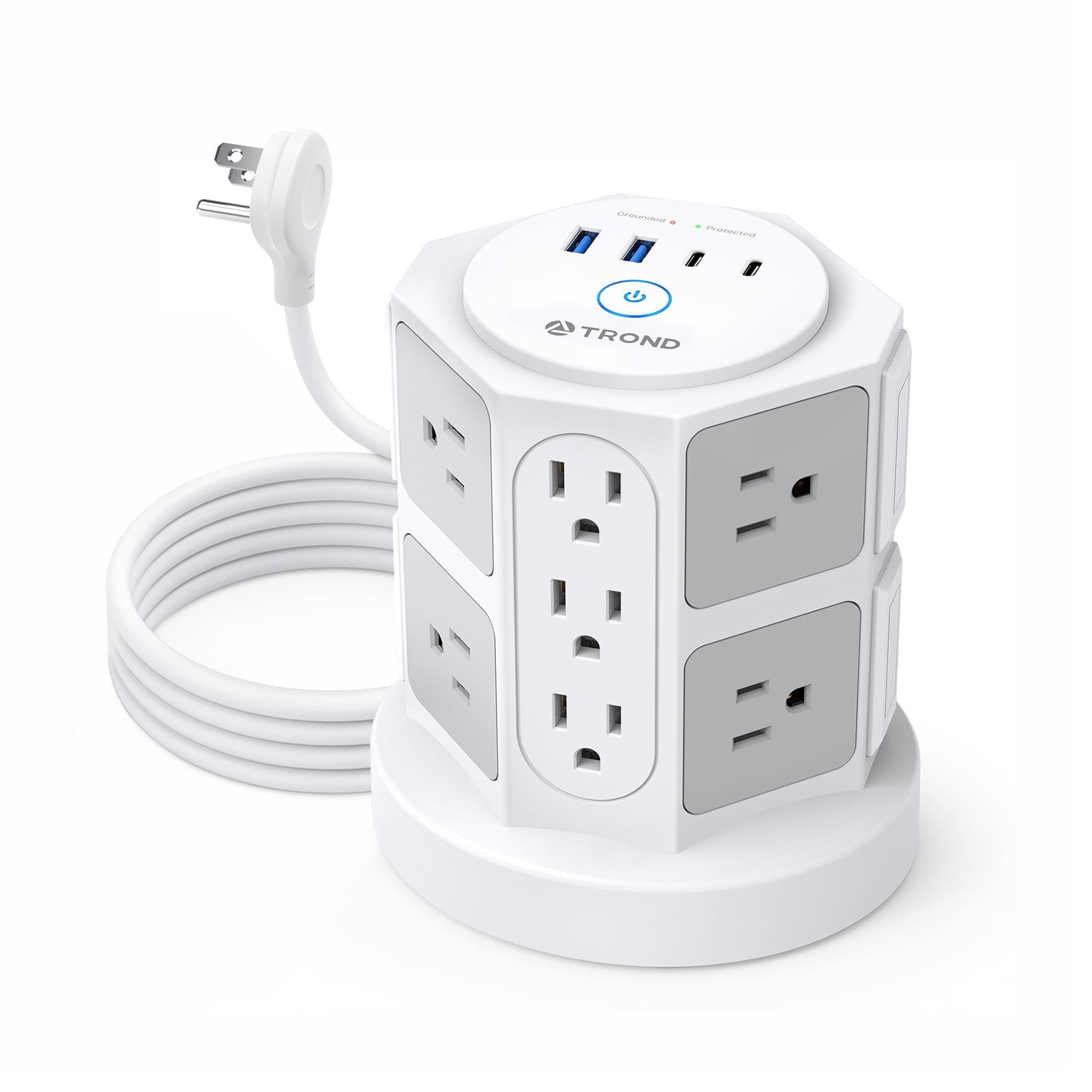 White and Gray Tower Surge Protector Power Strip with USB Ports