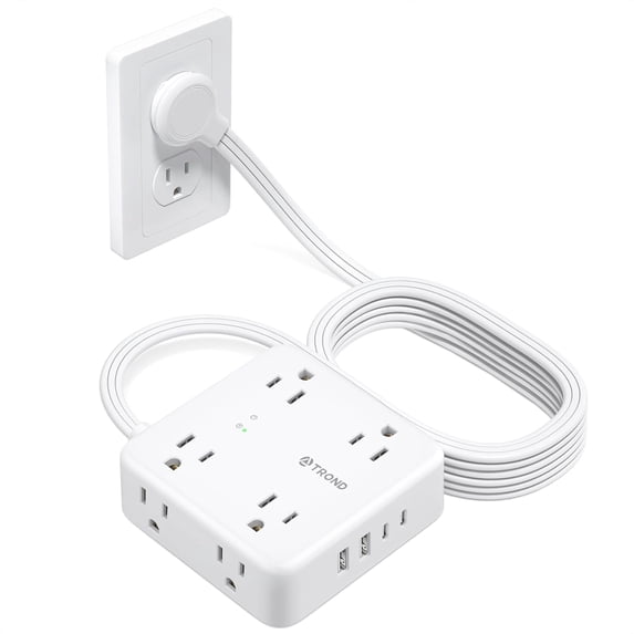 TROND Surge Protector Power Strip with USB, Ultra Thin Flat Plug 10ft Extension Cord 1625W, 2 USB C & 2 USB A, 8AC Outlets 1700J Surge Protection Wall Mount for Home Office Dorm Essentials, White
