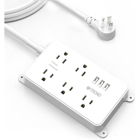 TROND Surge Protector Power Strip with USB, 10ft Long Extension Cord Flat Plug with 5 AC Multiple Outlets, Wall Outlet Extender, ETL Listed, White