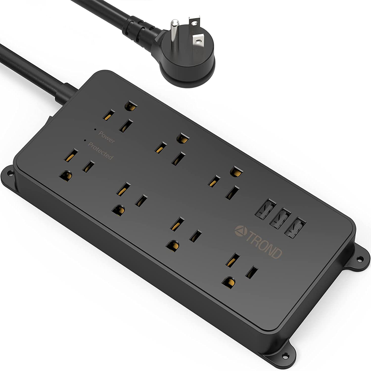 TROND Power Strip Surge Protector, ETL Listed, 15A, 7 Wide Spaced Outlets with 3 USB Ports, 14AWG Heavy Duty, 5ft Extension Cord, Wall Mount/Under Desk, 1700J, for Home Office Garage, Black