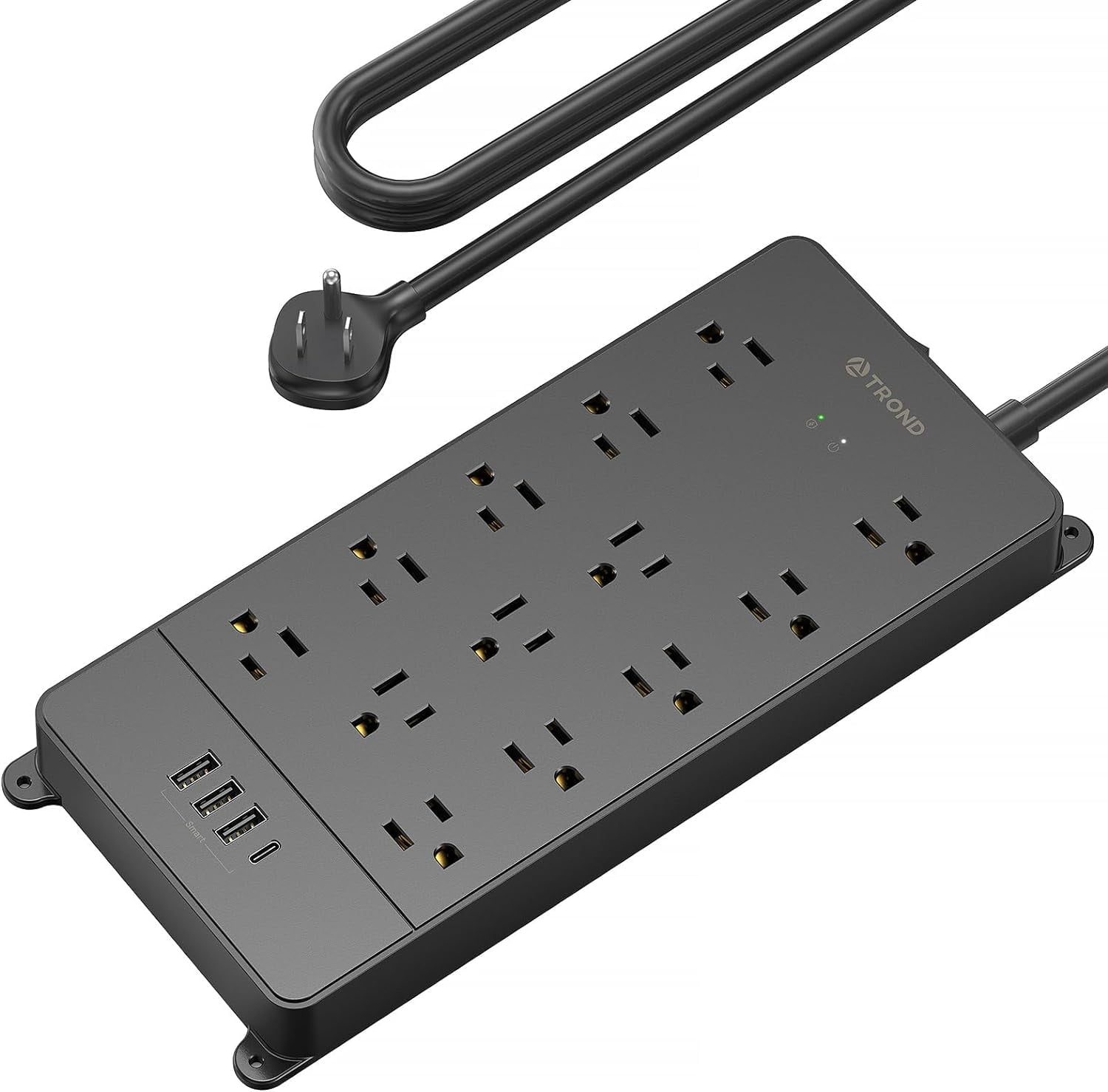 TROND Surge Protector Power Strip, 4000J, ETL Listed, 15A, 13 Widely-Spaced Outlets with 4 USB Ports(1 USB C), Wall Mountable, Under Desk, Flat Plug 5ft Extension Cord, 14AWG Heavy Duty, Black