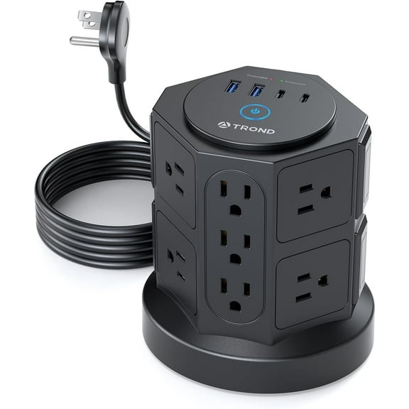 TROND Tower Surge Protector Power Strip with USB, 14 Widely Spaced Outlets, 2 USB C & 2 USB A, 2100J, 10ft Extension Cord with Multiple Outlets