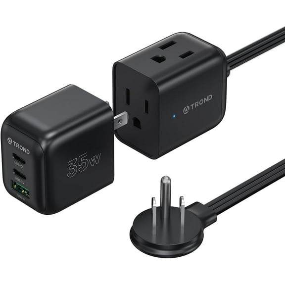 TROND Travel Power Strip Flat Plug, Detachable 3-Port GaN III USB C Charger PD35W, 5ft Flat Extension Cord with Multiple Outlets, for Home Hotel Cruise Ship Dorm Room Essentials, Black