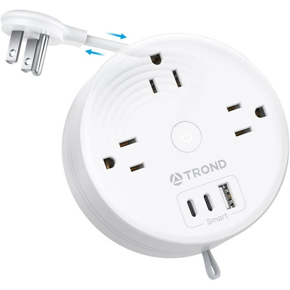 TROND Travel Power Strip with USB C Ports, 3 AC Outlets, 5ft Extension Cord, Retractable Cord, Ultra Flat Plug, Travel Cruise Essential