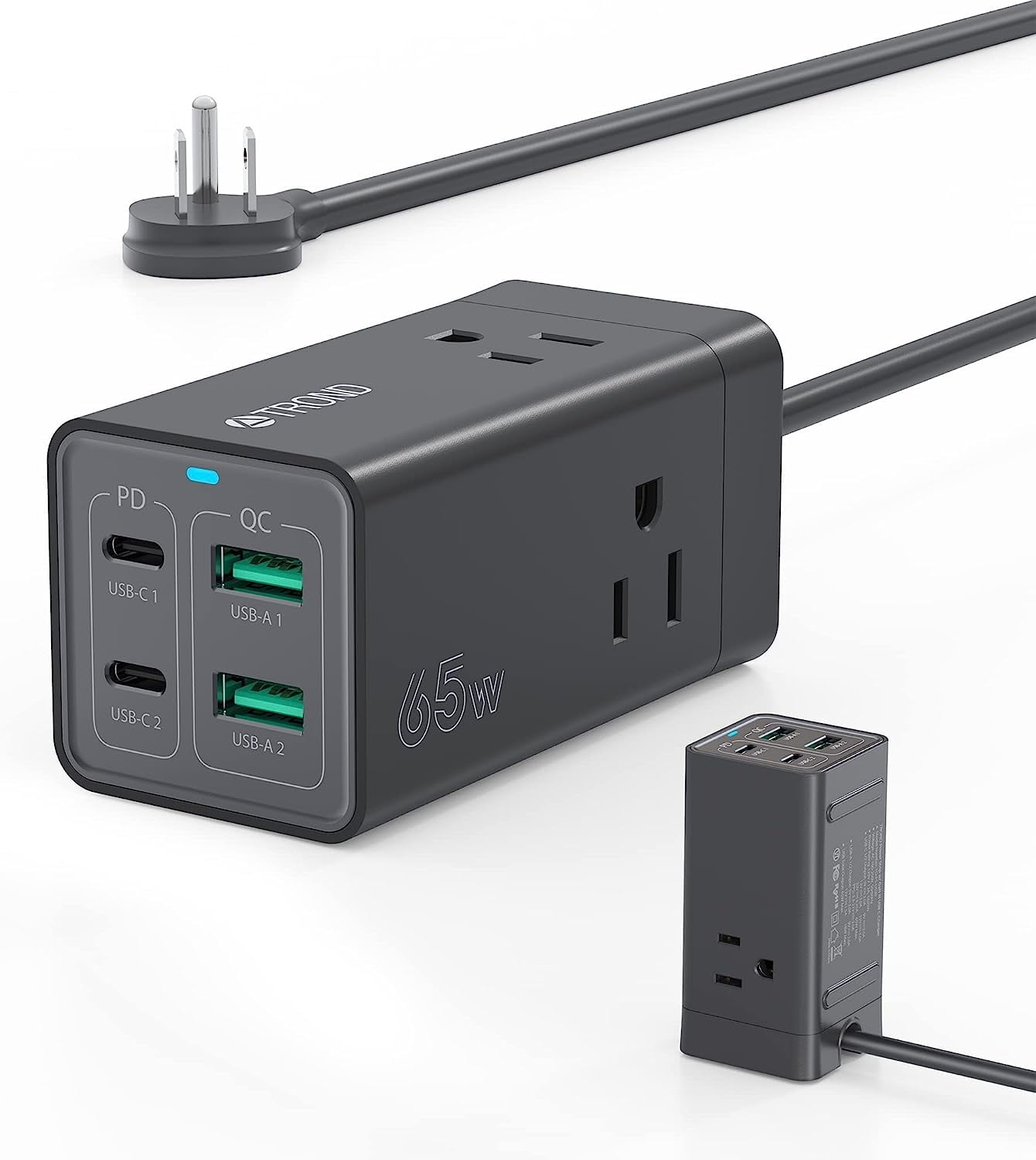 TROND USB C Charger Power Strip, Fast Charging Station, Desktop Fast Charger, 2 Type-C, 2 USB-A, 3 AC Outle, 65W GaN3 Fast Wall Charger Compatible with MacBook Laptops iPhone Samsung iPad Black