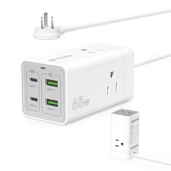 TROND USB C Charger Power Strip, Fast Charging Station, Desktop Fast Charger, 2 Type-C, 2 USB-A, 3 AC Outle, 65W GaN3 Fast Wall Charger Compatible with MacBook Laptops iPhone Samsung iPad White