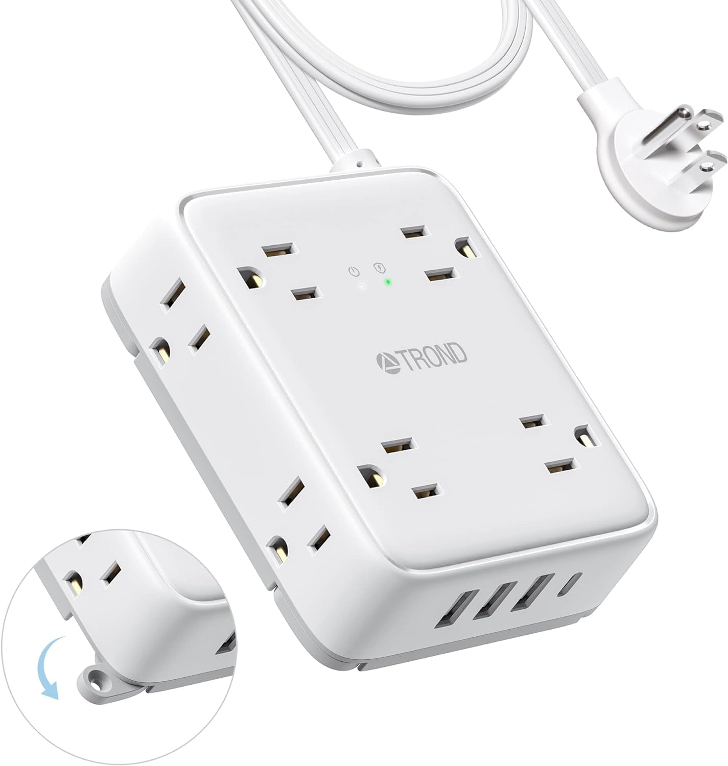 White Ultra Thin Flat Plug Surge Protector Power Strip with USB