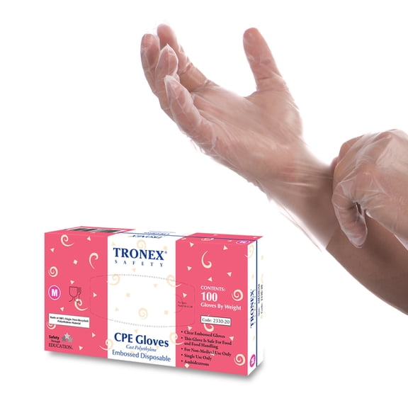 Tronex 2330 Cast Polyethylene Gloves, Food-Safe, Powder-Free, Clear, Large, Box of 100